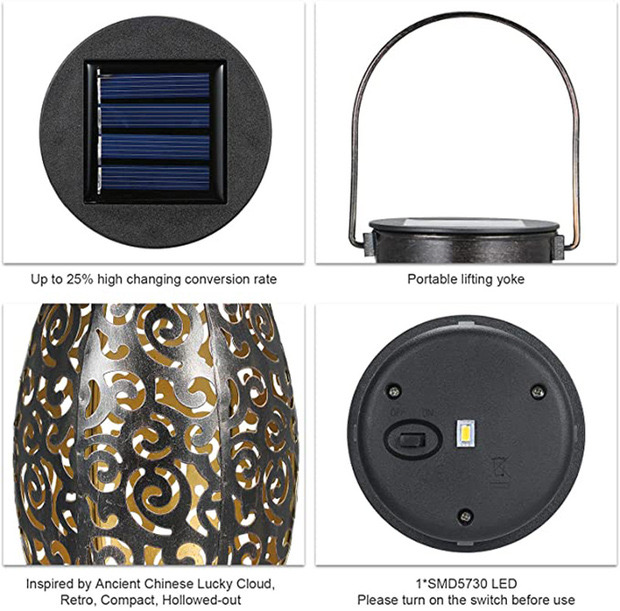 LED Hanging Lanterns Solar Powered with Handle Decorative Retro Metal Solar Lights for Table Patio Yard Pathway Walkway